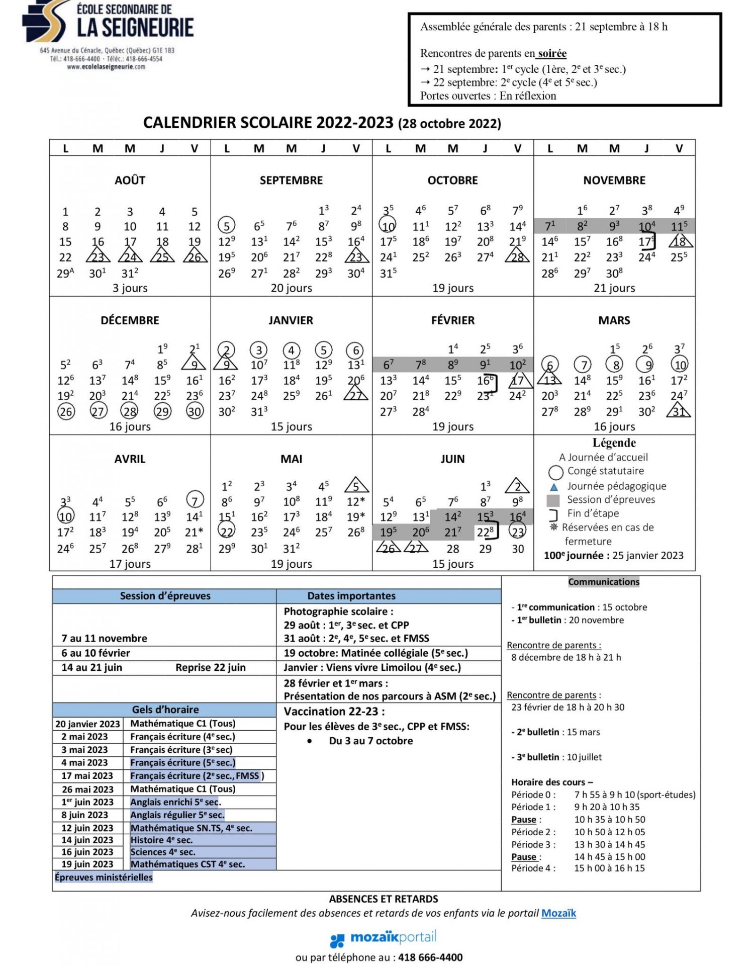 Calendrier scolaire 2022-2023 - Nov